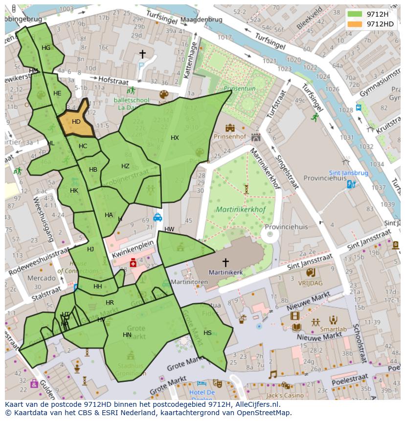 Afbeelding van het postcodegebied 9712 HD op de kaart.