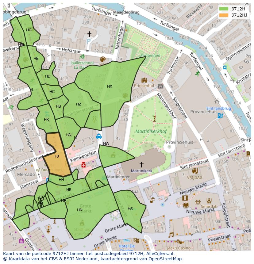 Afbeelding van het postcodegebied 9712 HJ op de kaart.