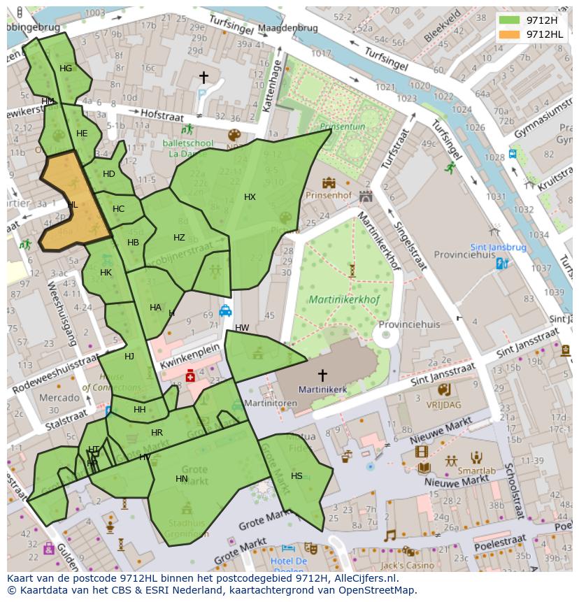 Afbeelding van het postcodegebied 9712 HL op de kaart.