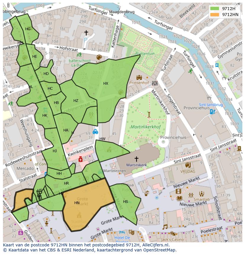 Afbeelding van het postcodegebied 9712 HN op de kaart.