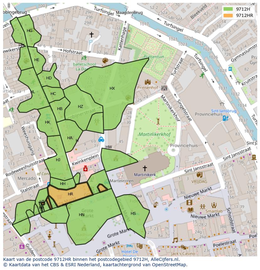 Afbeelding van het postcodegebied 9712 HR op de kaart.