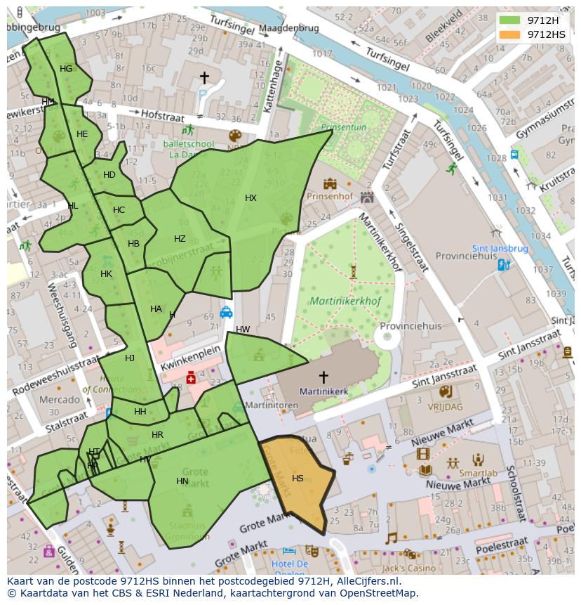 Afbeelding van het postcodegebied 9712 HS op de kaart.