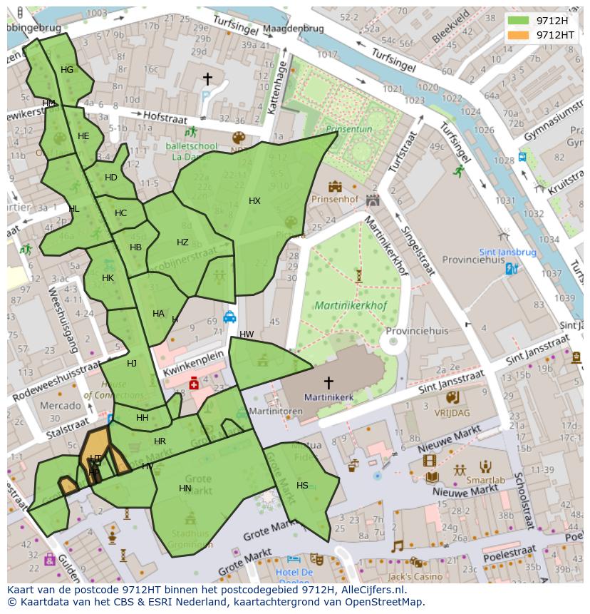 Afbeelding van het postcodegebied 9712 HT op de kaart.