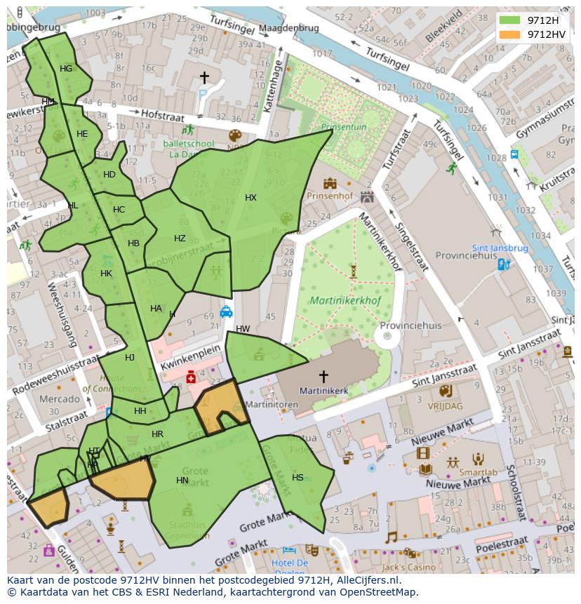 Afbeelding van het postcodegebied 9712 HV op de kaart.