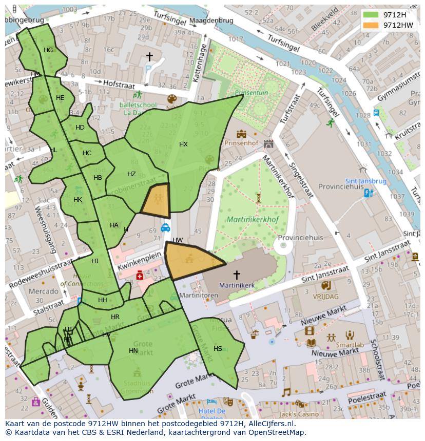 Afbeelding van het postcodegebied 9712 HW op de kaart.