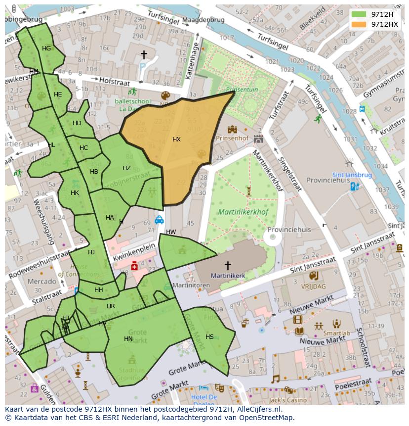 Afbeelding van het postcodegebied 9712 HX op de kaart.
