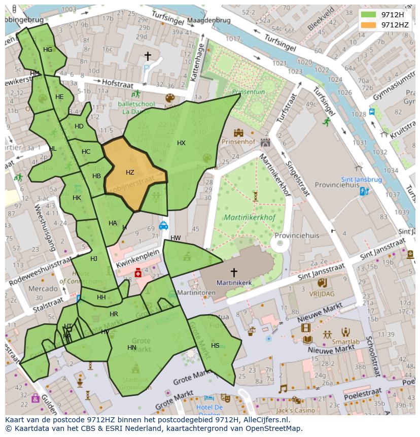 Afbeelding van het postcodegebied 9712 HZ op de kaart.