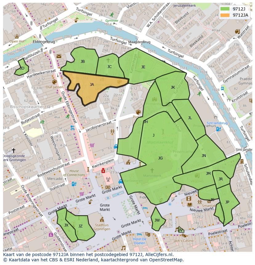 Afbeelding van het postcodegebied 9712 JA op de kaart.