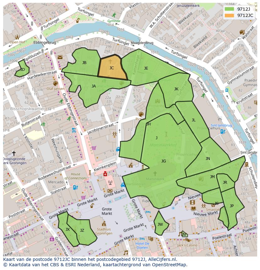 Afbeelding van het postcodegebied 9712 JC op de kaart.
