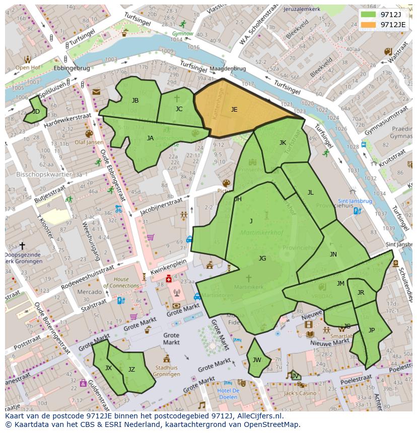 Afbeelding van het postcodegebied 9712 JE op de kaart.