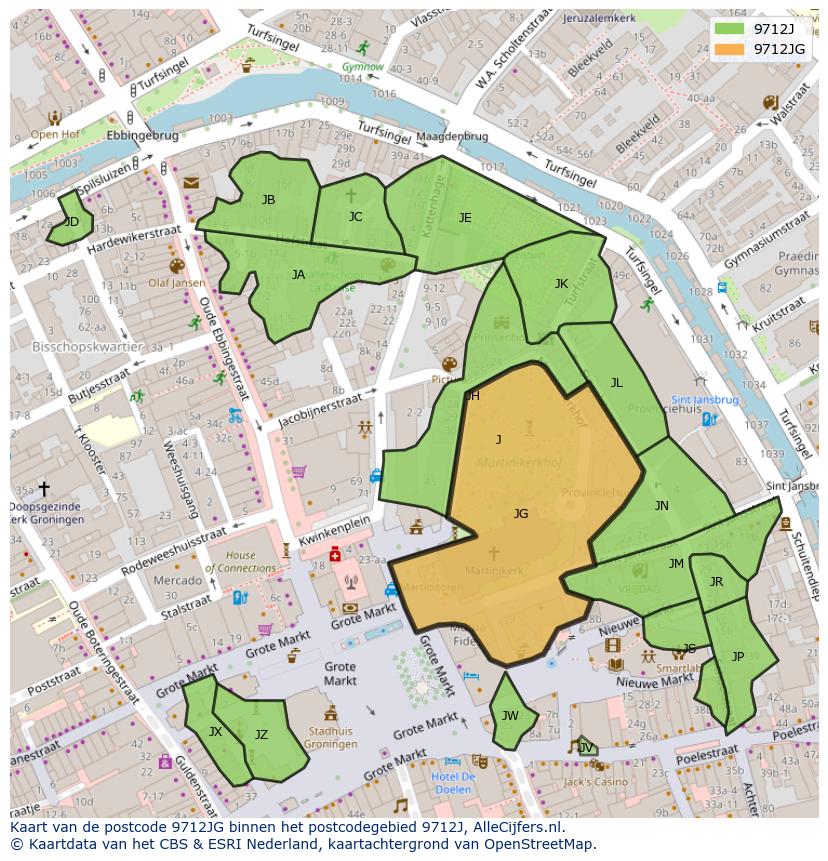 Afbeelding van het postcodegebied 9712 JG op de kaart.