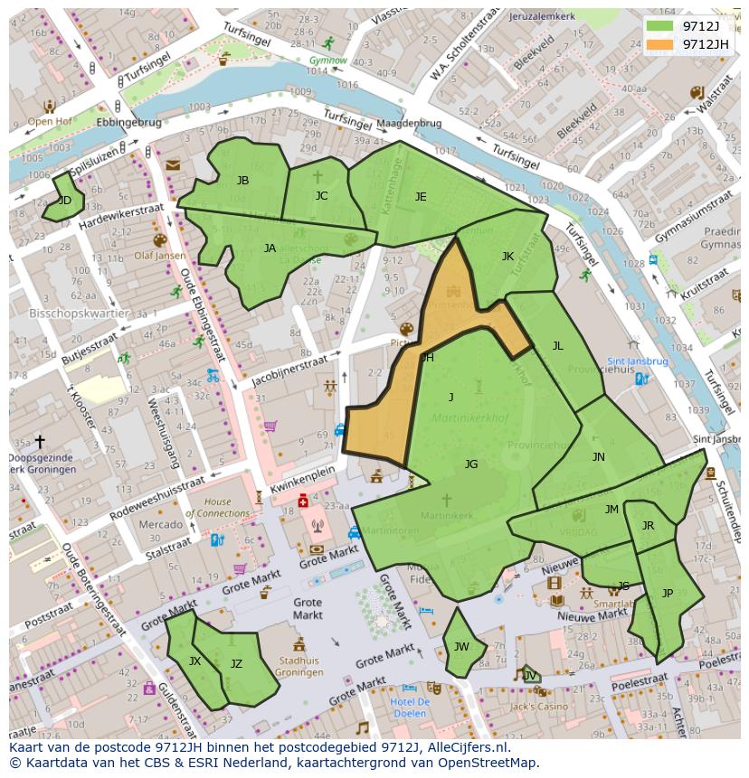 Afbeelding van het postcodegebied 9712 JH op de kaart.