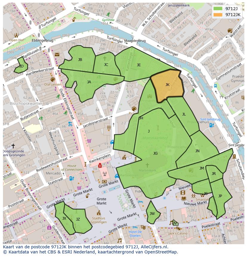 Afbeelding van het postcodegebied 9712 JK op de kaart.