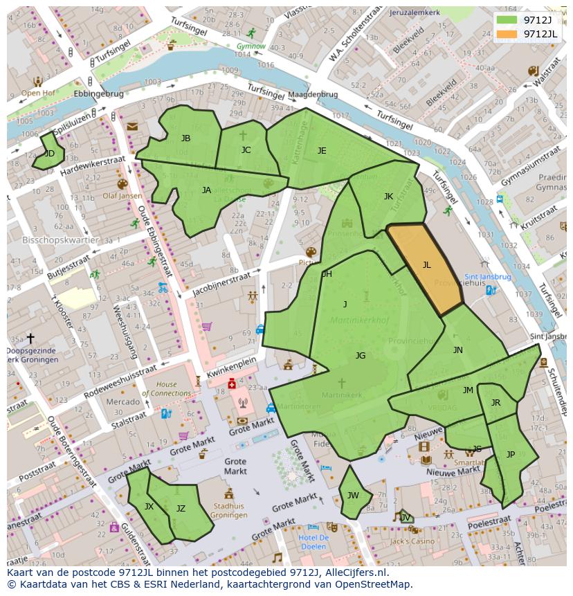 Afbeelding van het postcodegebied 9712 JL op de kaart.