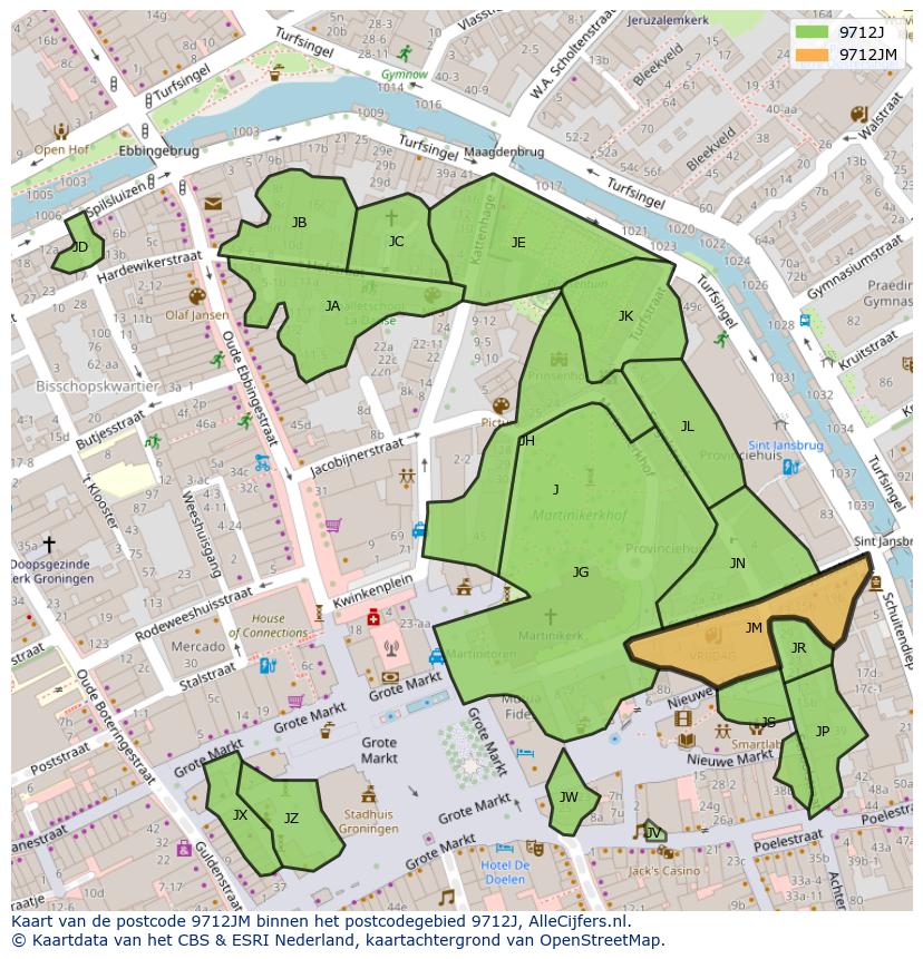 Afbeelding van het postcodegebied 9712 JM op de kaart.