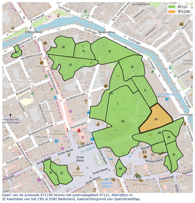 Afbeelding van het postcodegebied 9712 JN op de kaart.