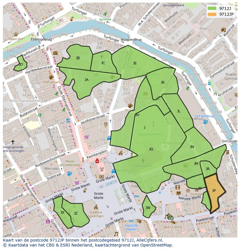 Afbeelding van het postcodegebied 9712 JP op de kaart.