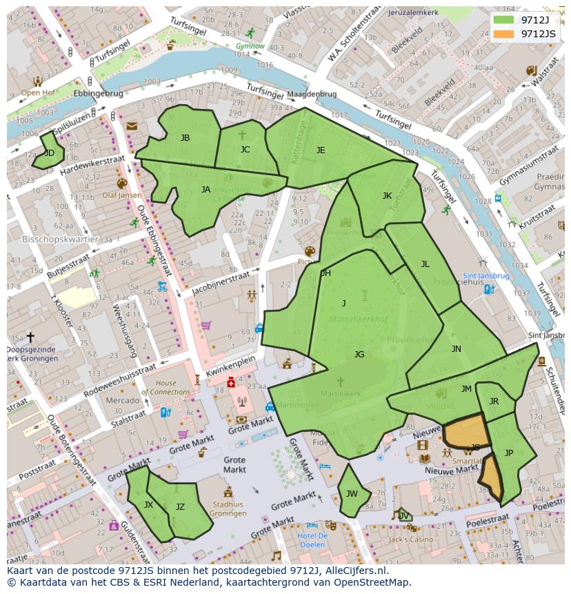 Afbeelding van het postcodegebied 9712 JS op de kaart.