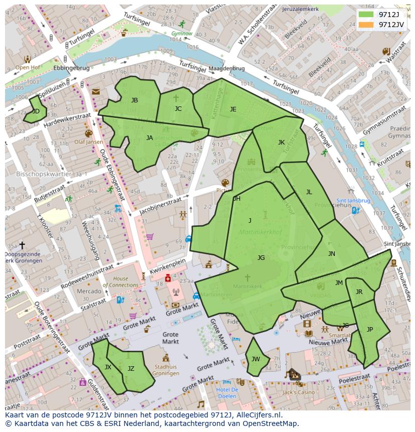Afbeelding van het postcodegebied 9712 JV op de kaart.