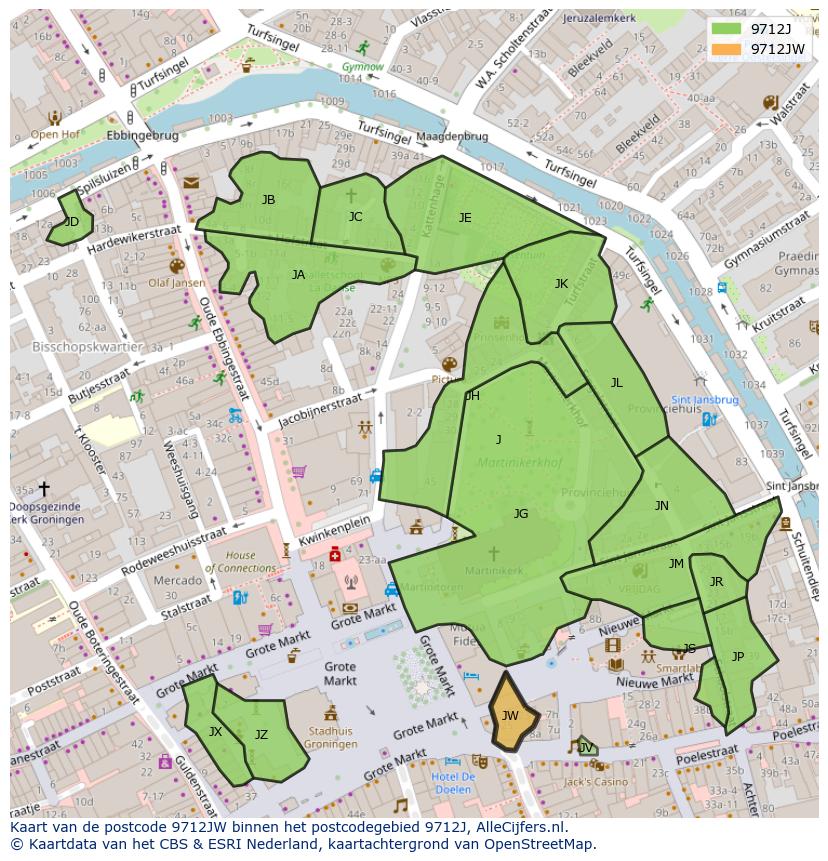 Afbeelding van het postcodegebied 9712 JW op de kaart.