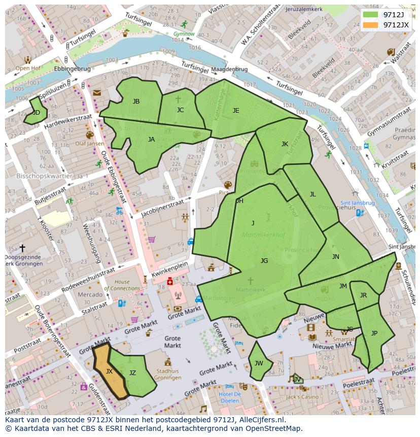Afbeelding van het postcodegebied 9712 JX op de kaart.