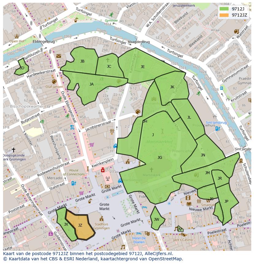 Afbeelding van het postcodegebied 9712 JZ op de kaart.