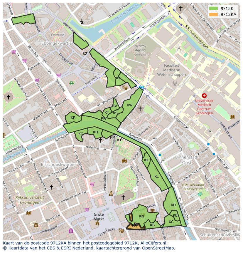 Afbeelding van het postcodegebied 9712 KA op de kaart.