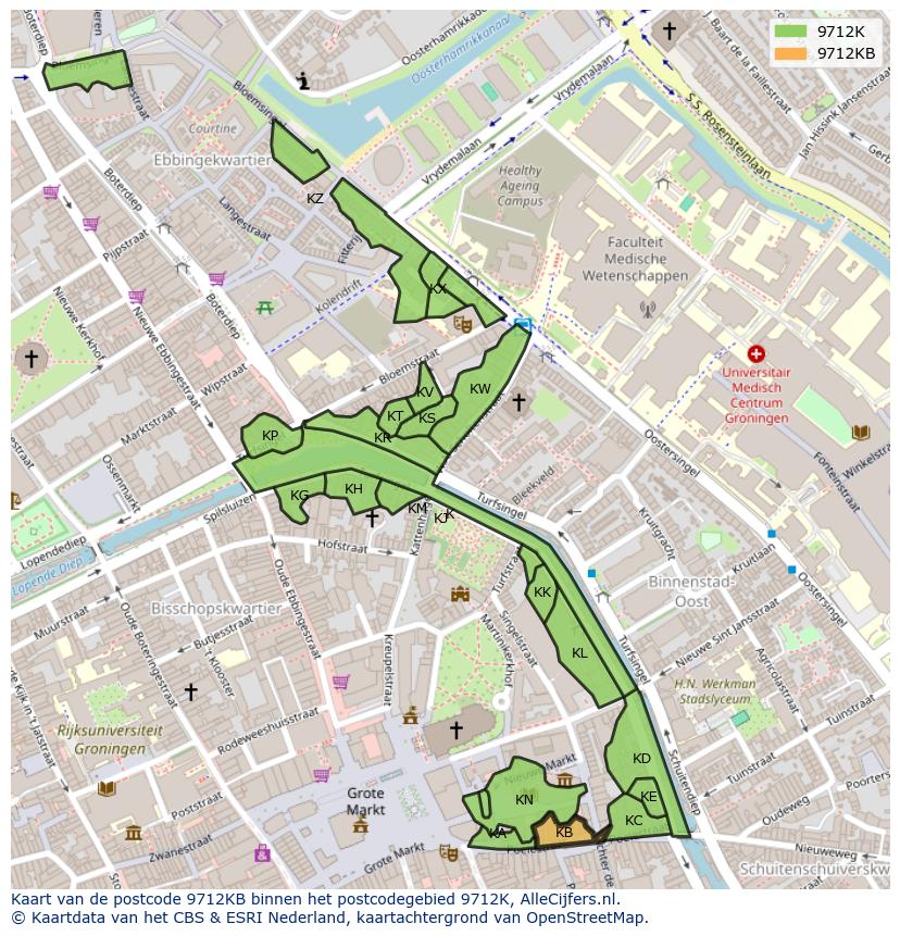 Afbeelding van het postcodegebied 9712 KB op de kaart.