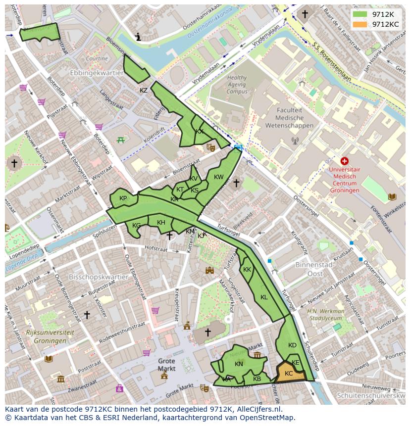 Afbeelding van het postcodegebied 9712 KC op de kaart.