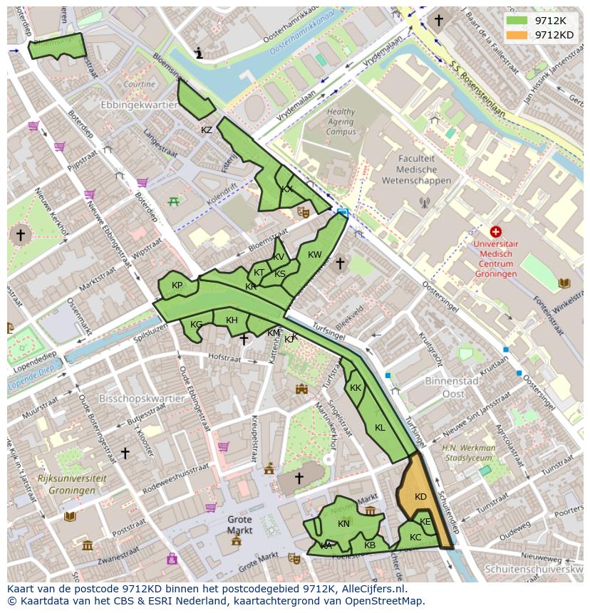Afbeelding van het postcodegebied 9712 KD op de kaart.