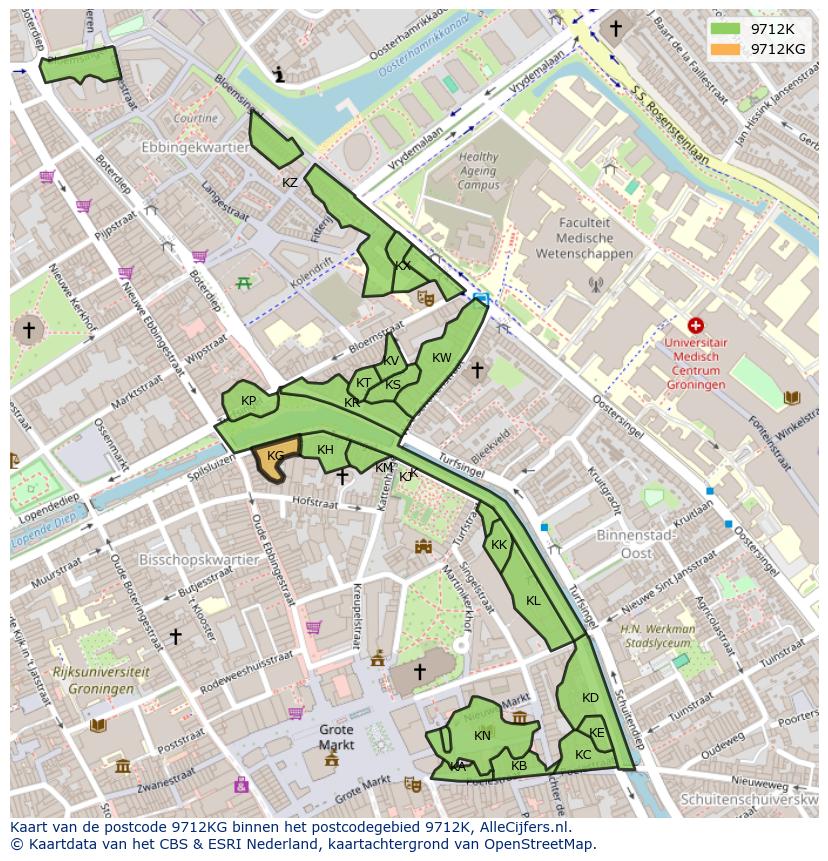 Afbeelding van het postcodegebied 9712 KG op de kaart.