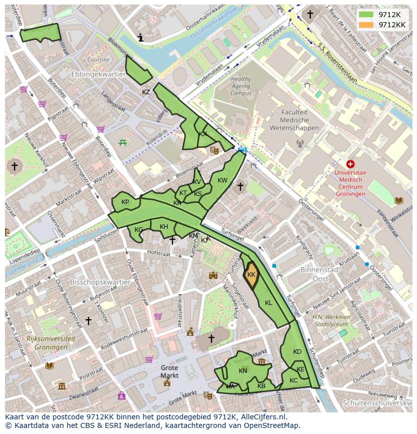 Afbeelding van het postcodegebied 9712 KK op de kaart.