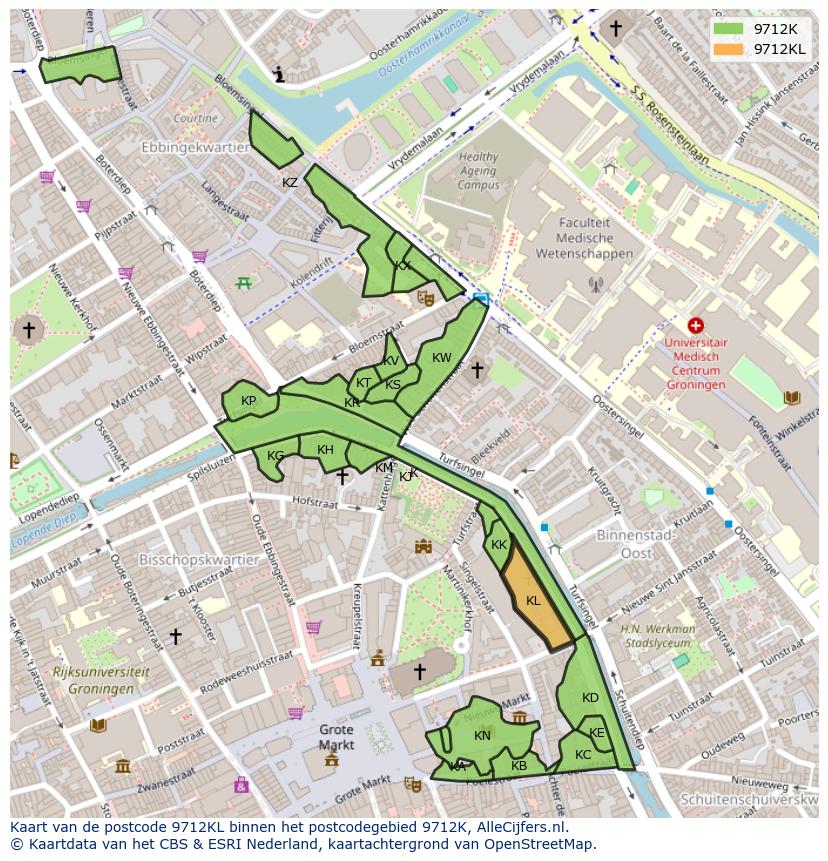 Afbeelding van het postcodegebied 9712 KL op de kaart.