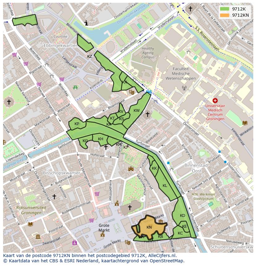 Afbeelding van het postcodegebied 9712 KN op de kaart.