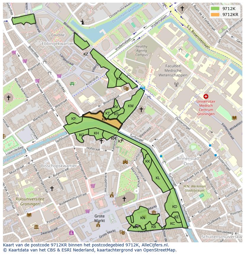 Afbeelding van het postcodegebied 9712 KR op de kaart.