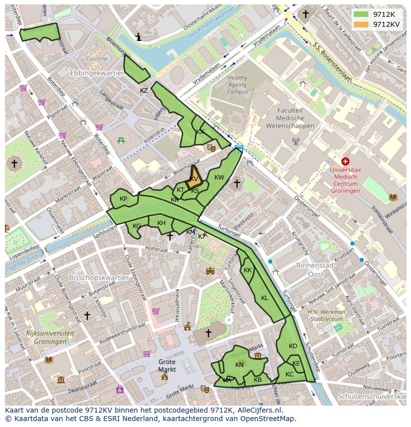 Afbeelding van het postcodegebied 9712 KV op de kaart.