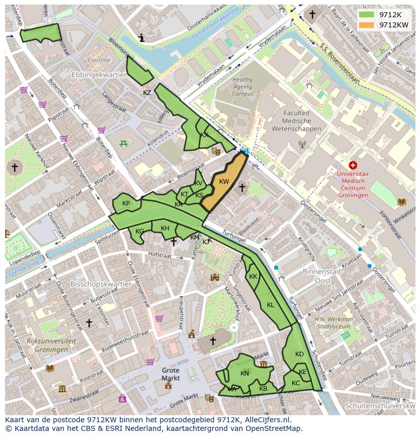 Afbeelding van het postcodegebied 9712 KW op de kaart.