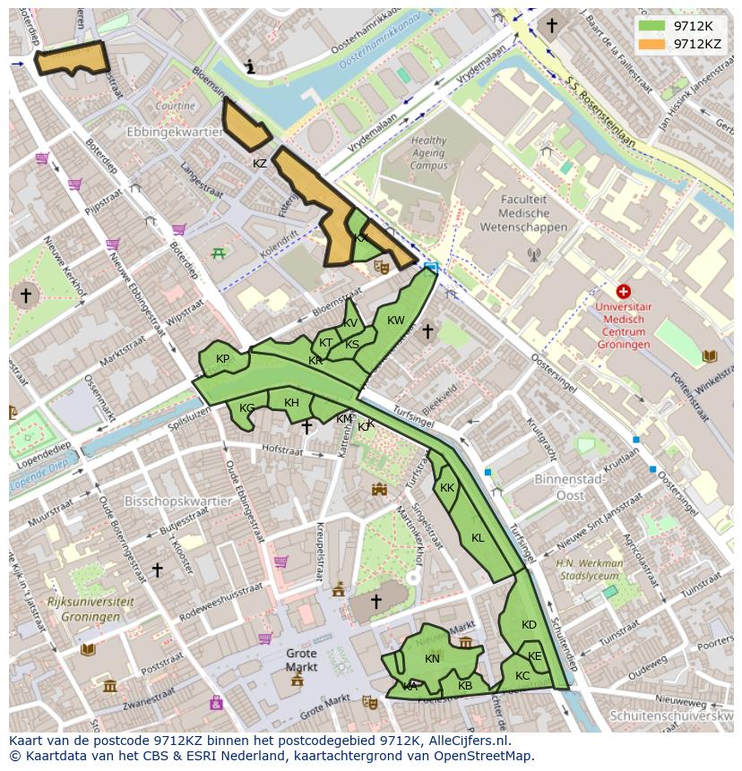 Afbeelding van het postcodegebied 9712 KZ op de kaart.