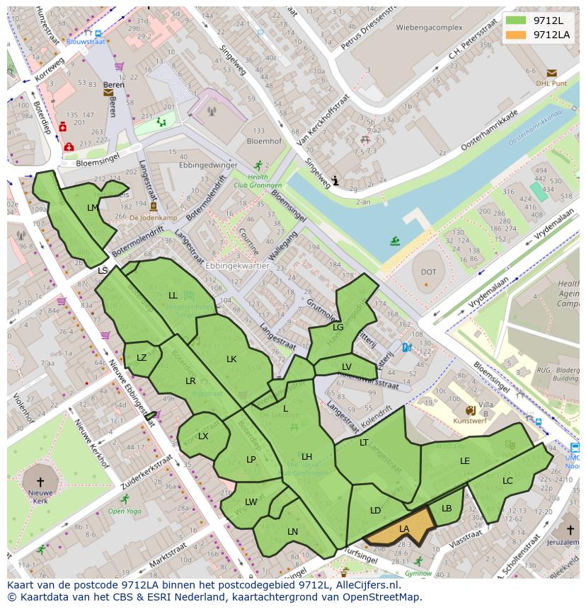 Afbeelding van het postcodegebied 9712 LA op de kaart.