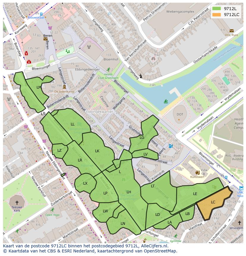 Afbeelding van het postcodegebied 9712 LC op de kaart.