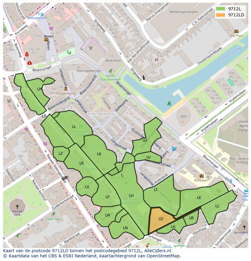 Afbeelding van het postcodegebied 9712 LD op de kaart.