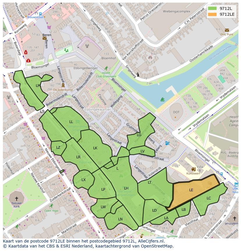 Afbeelding van het postcodegebied 9712 LE op de kaart.