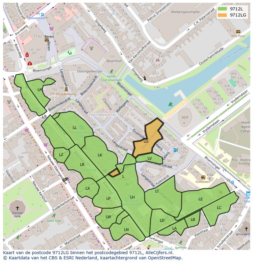 Afbeelding van het postcodegebied 9712 LG op de kaart.