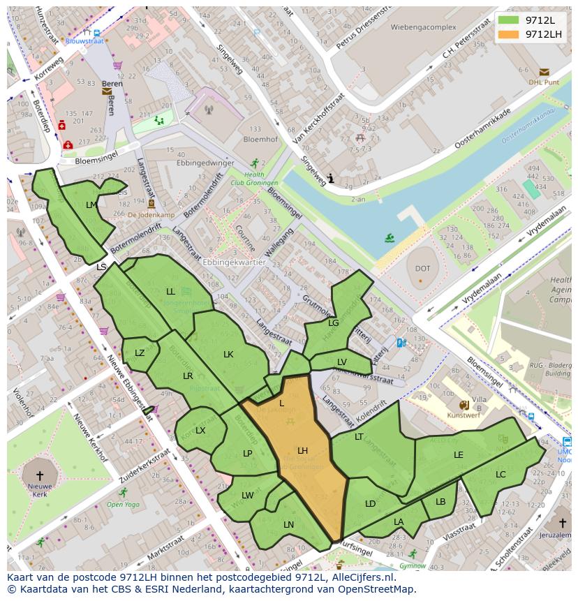 Afbeelding van het postcodegebied 9712 LH op de kaart.