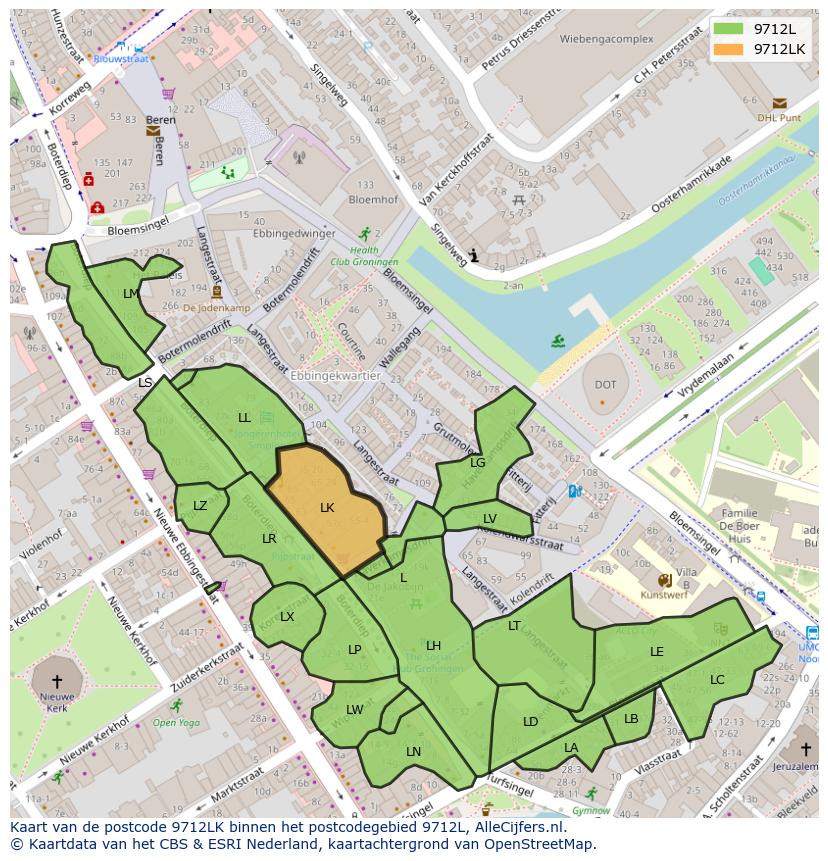 Afbeelding van het postcodegebied 9712 LK op de kaart.