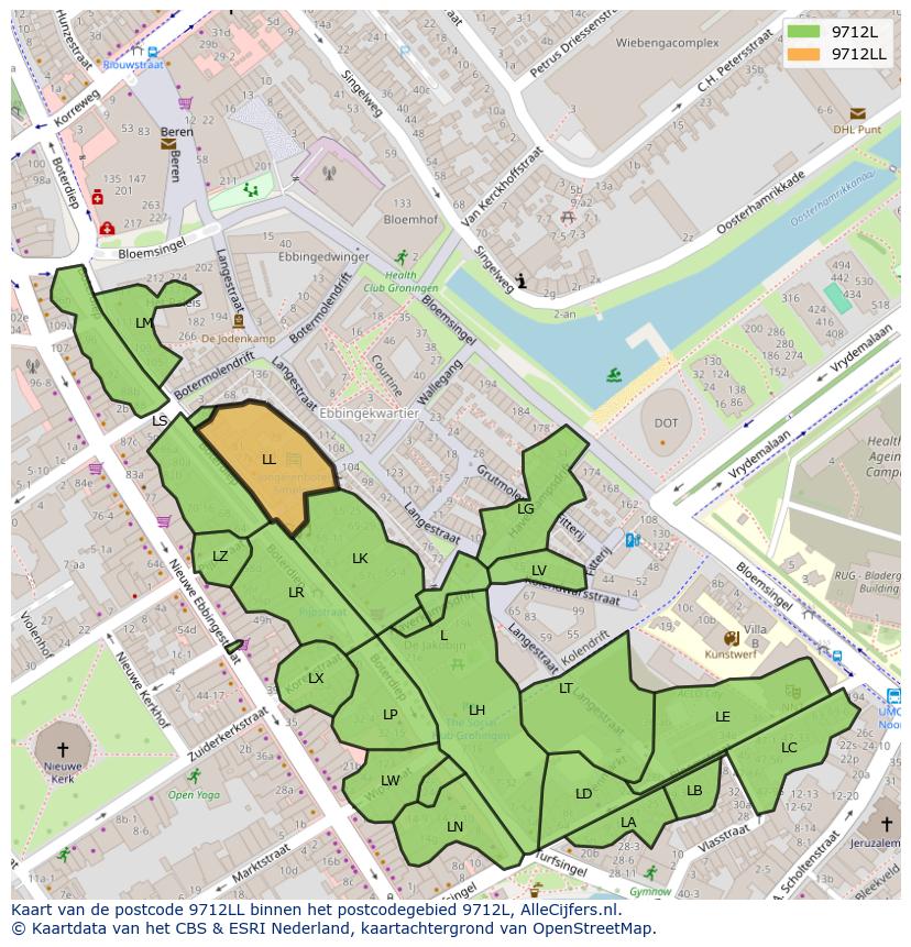 Afbeelding van het postcodegebied 9712 LL op de kaart.
