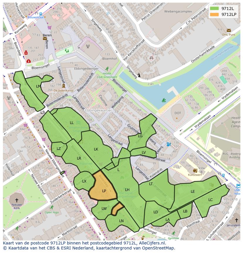 Afbeelding van het postcodegebied 9712 LP op de kaart.