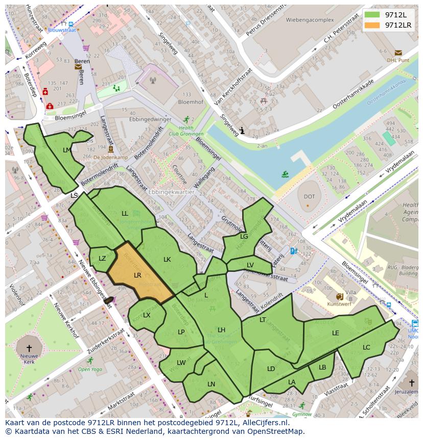Afbeelding van het postcodegebied 9712 LR op de kaart.