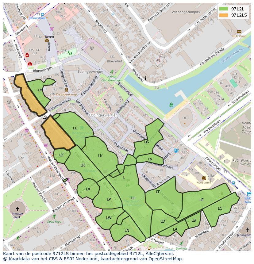 Afbeelding van het postcodegebied 9712 LS op de kaart.