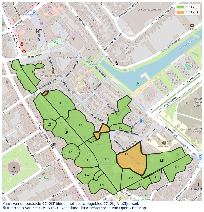 Afbeelding van het postcodegebied 9712 LT op de kaart.